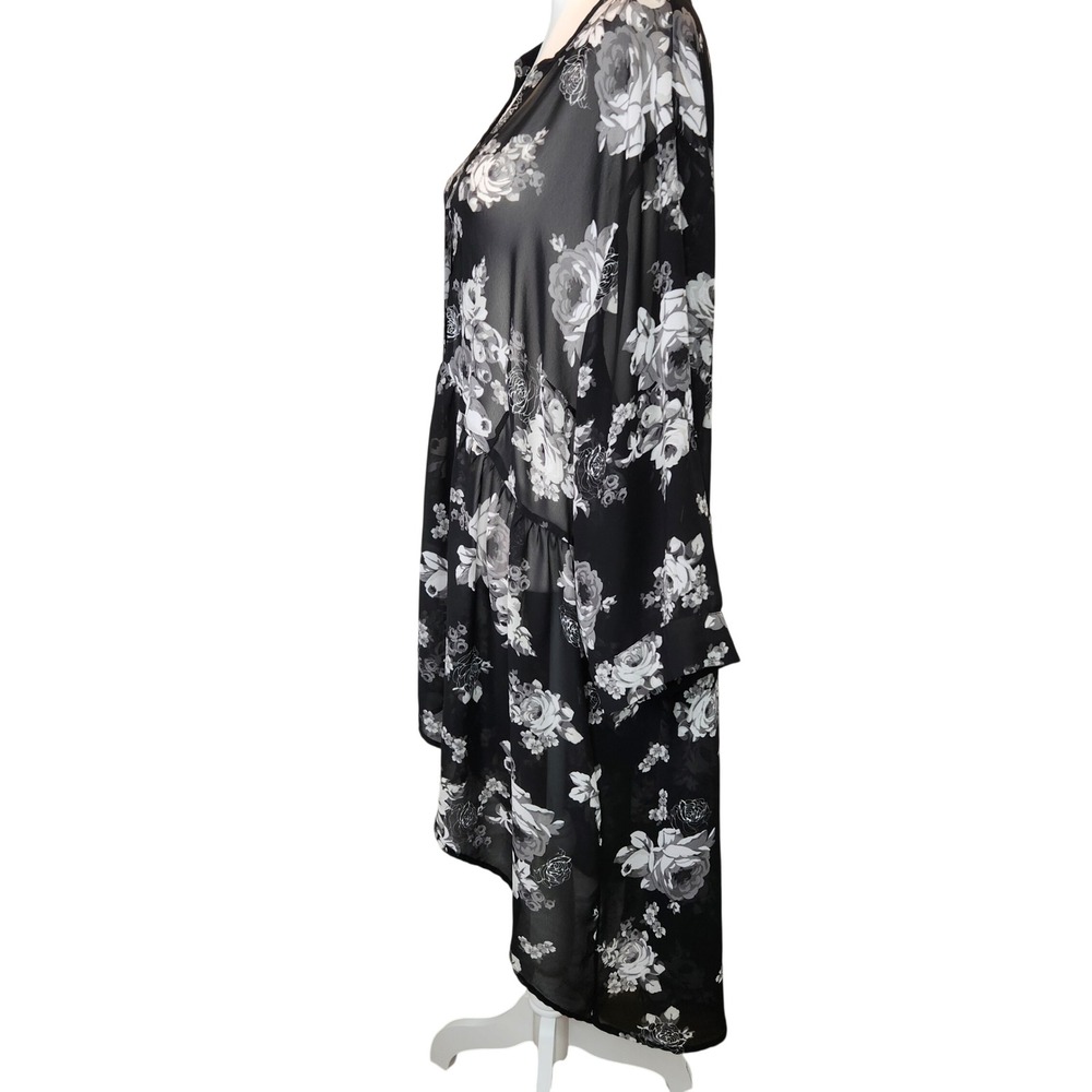 Torrid Coverup Sheer Floral Black White High Low Button Front 4X - Picture 3 of 7